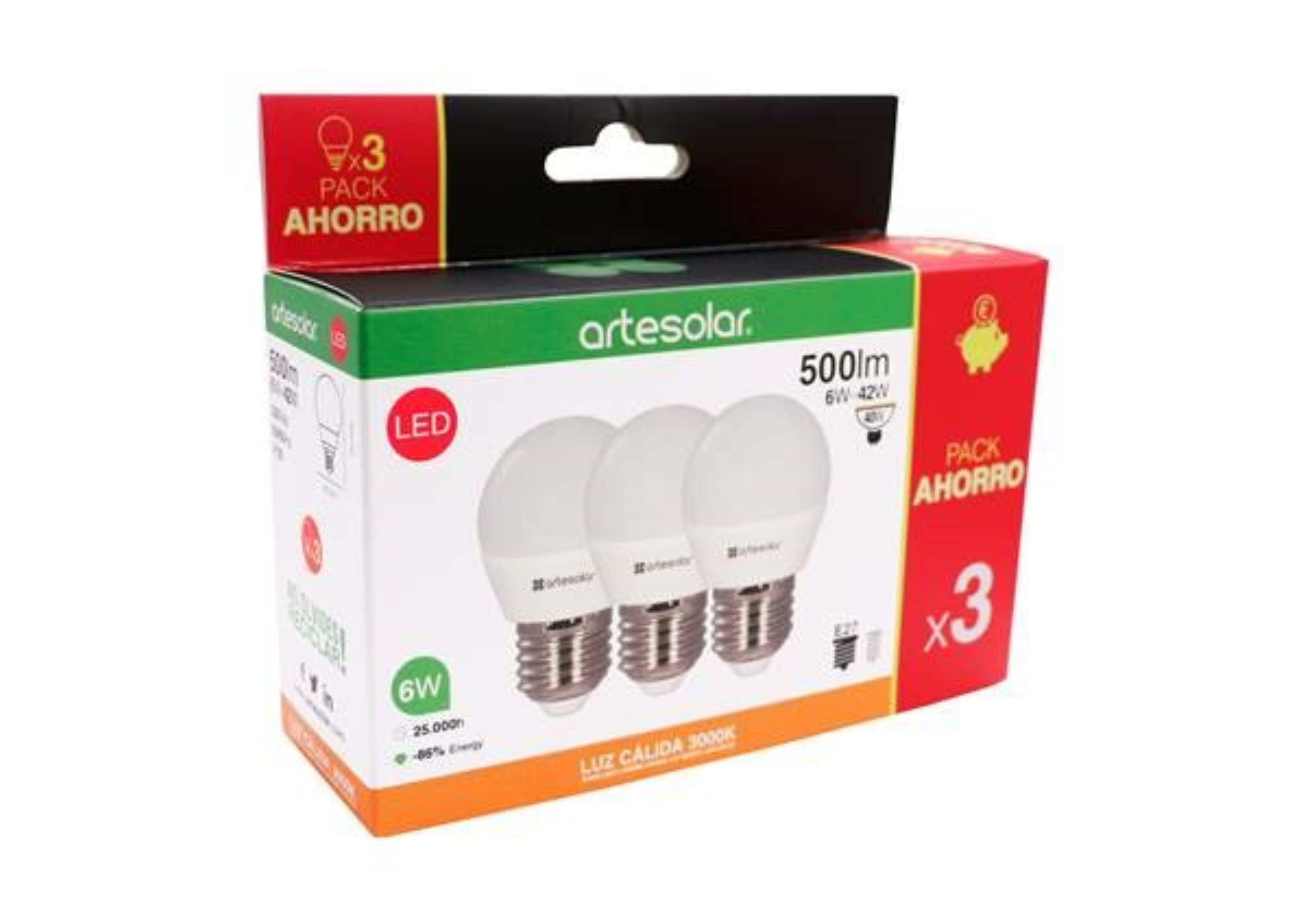 Pack de 3 lâmpadas led esférico E27 6W 3000K