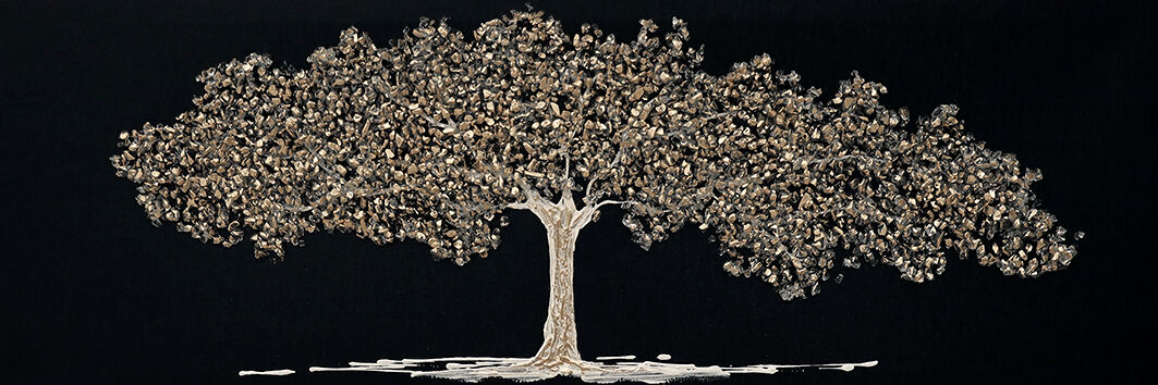 Pintura ADRIA original com árvore pedras douradas 30x90cm