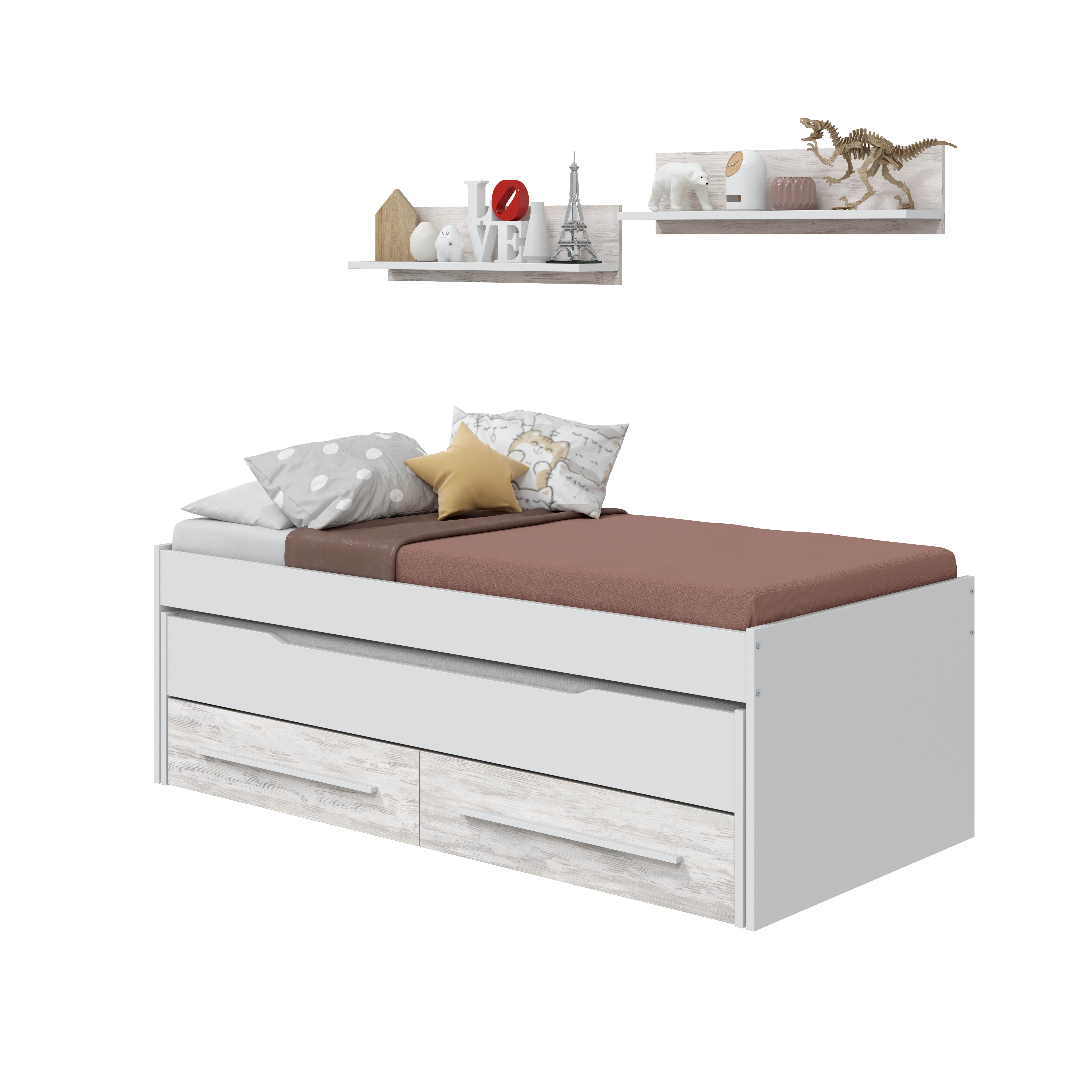 Cama juvenil dupla DUO com 2 gavetas e 2 prateleiras