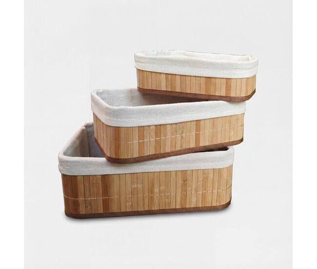 Conjunto de 3 cestos em bambu mar 33x23x12cm natural e branco