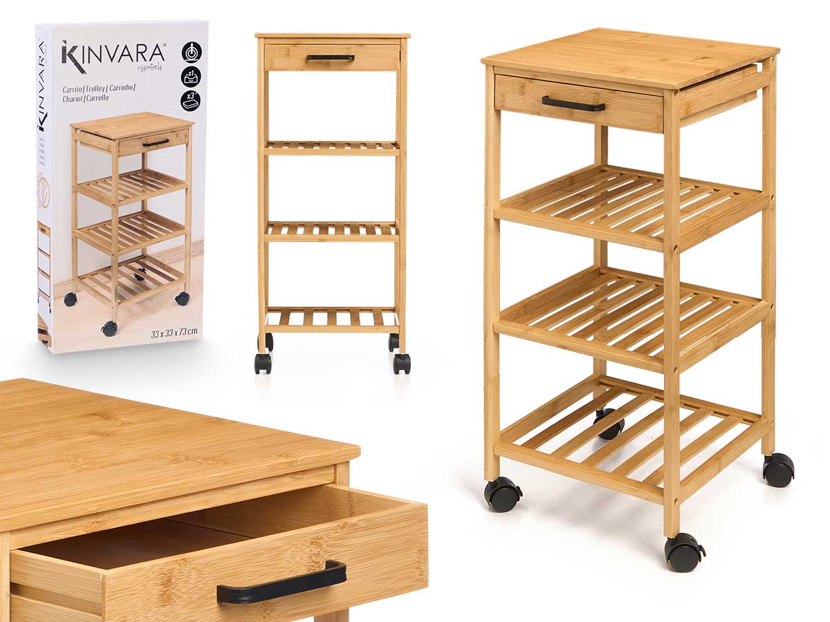 Carrinho em bambu com rodas 3 prateleiras e gaveta 73x33x33cm