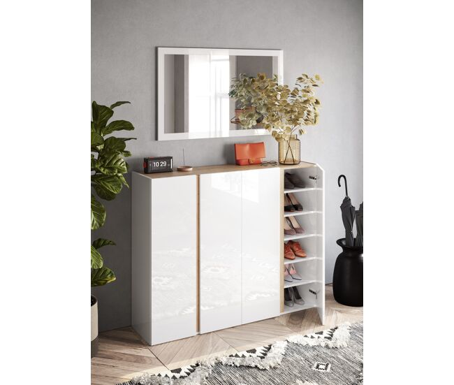 Sapateira bolonia 4 portas em branco lacado e carvalho - conforama