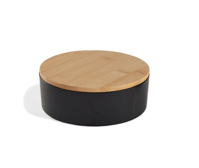 Caixa de joias circular com espelho em bambu preto 14cm
