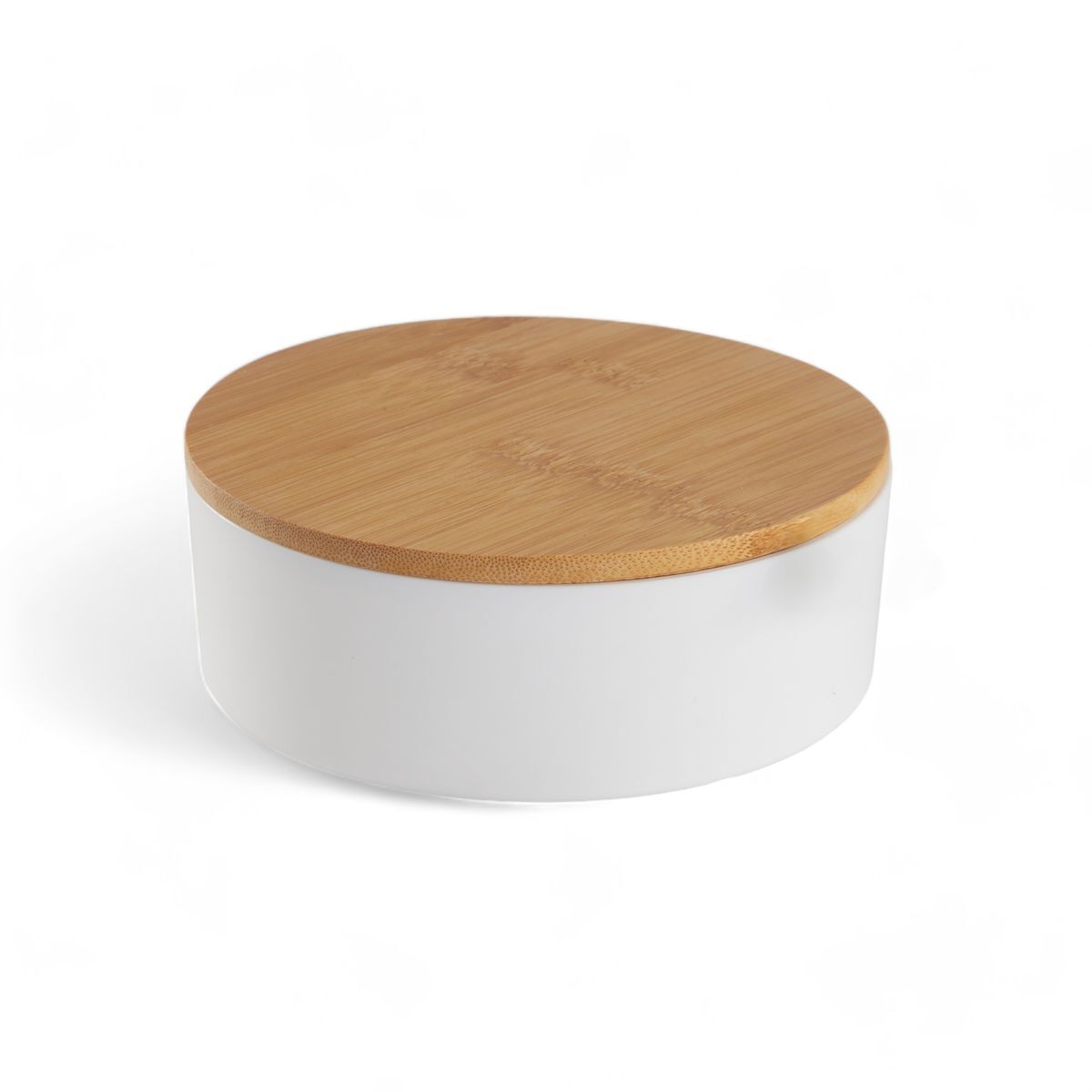 Caixa de joias circular com espelho em bambu branco 14cm