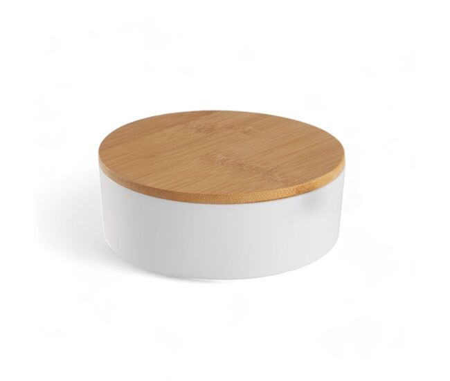 Caixa de joias circular com espelho em bambu branco 14cm