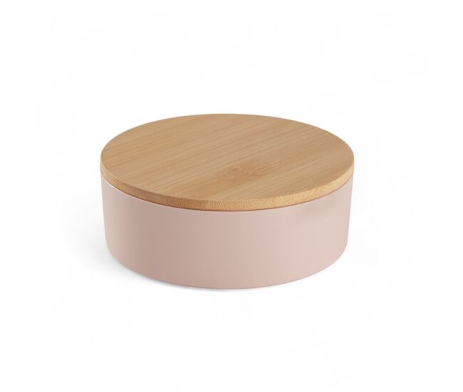 Caixa de joias circular com espelho em bambu rosa 14cm