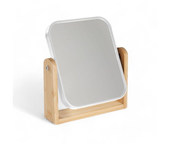 Espelho moldura em plástico e base em bambu 18x21cm branco