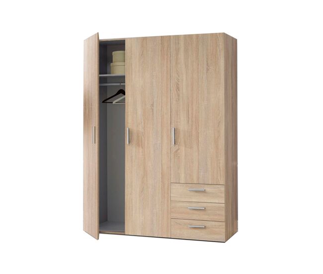 Roupeiro brooklyn portas batentes e 3 gavetas 139x185cm carvalho - conforama