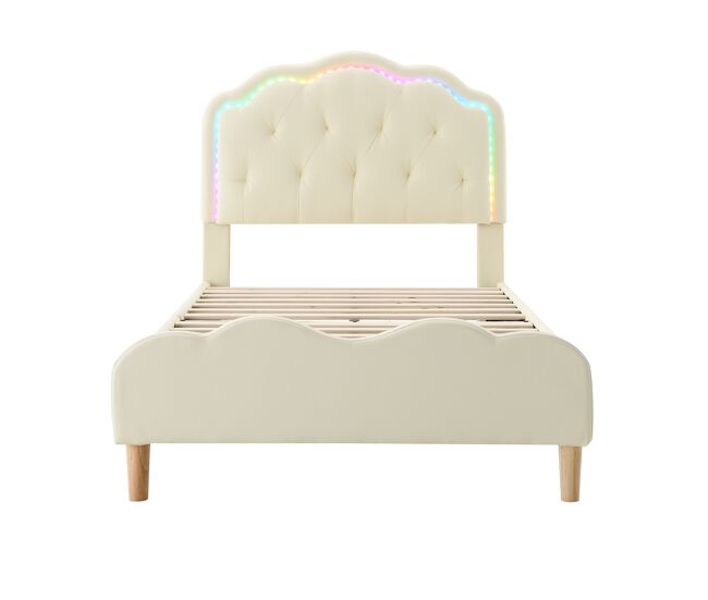 Cama de criança estofada em pele sintética com led em várias cores - estrado de ripas de madeira - 90x200cm - branco