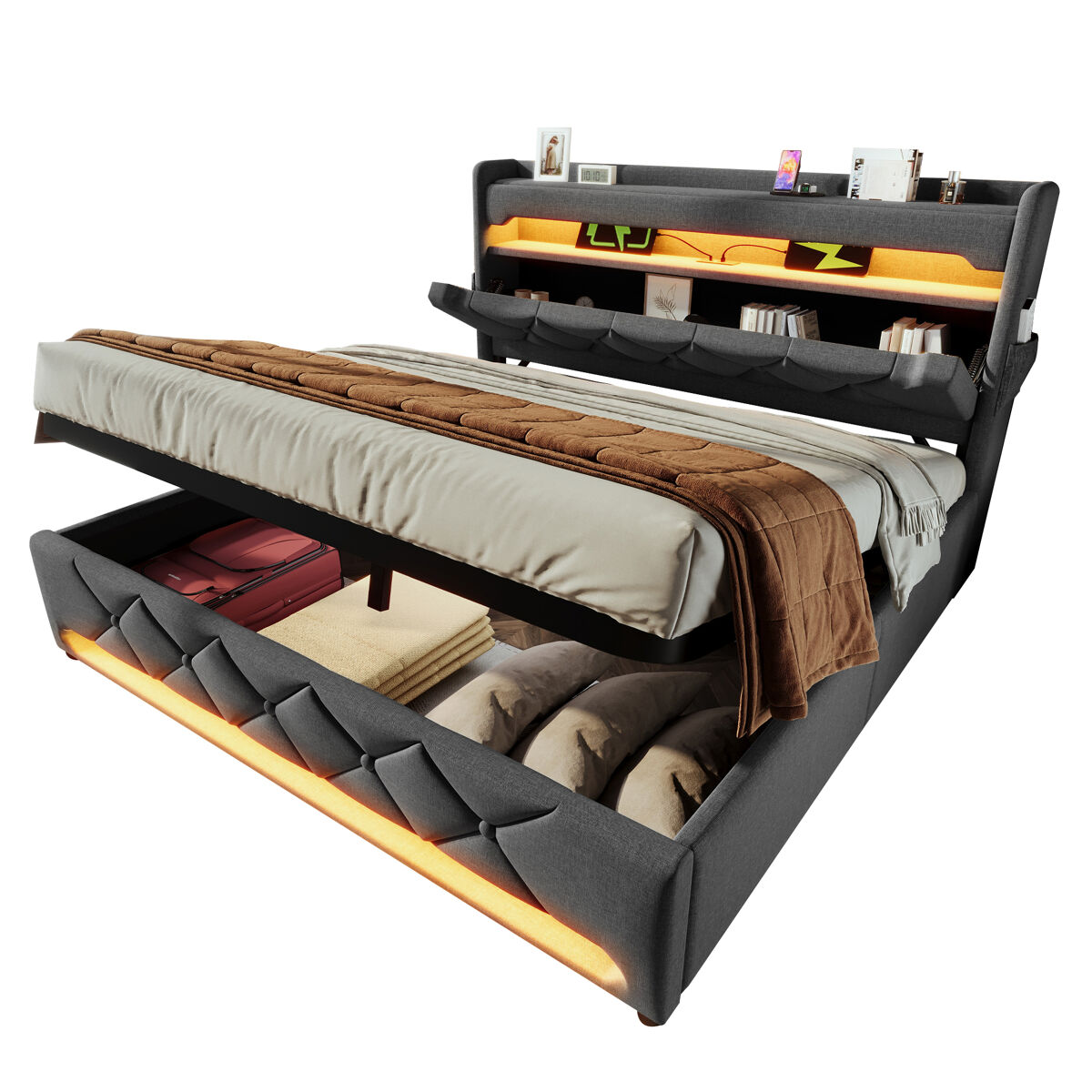 Cama de casal de linho 140x200cm com armazenamento e luz led,cinzento
