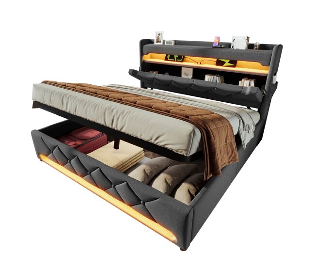 Cama de casal de linho 140x200cm com armazenamento e luz led,cinzento