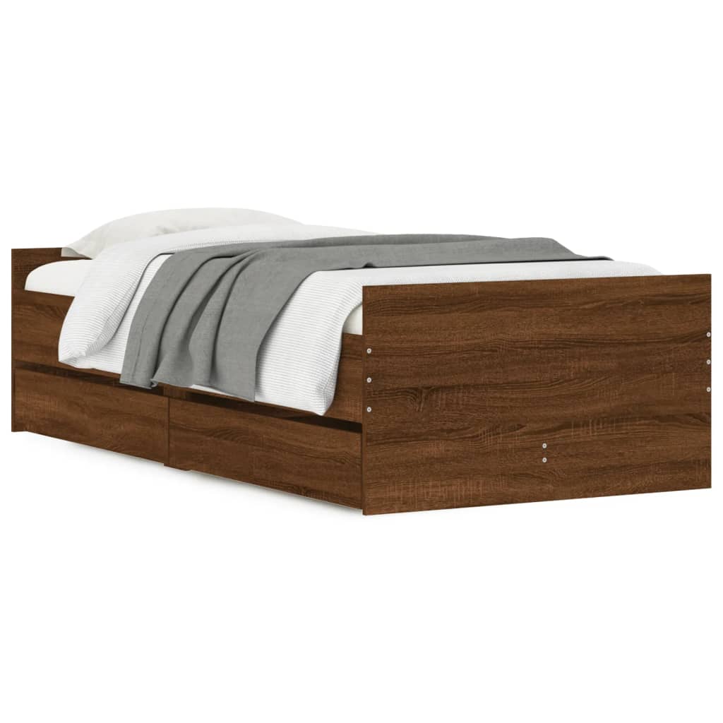 Estrutura de cama de solteiro para adultos solteiro pequena c/ gavetas carvalho castanho