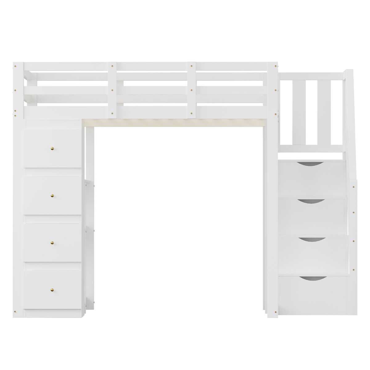 Cama alta 140 x 200 cm - madeira maciça multifuncional com gavetas, cómoda com prateleiras e escada segura - branco