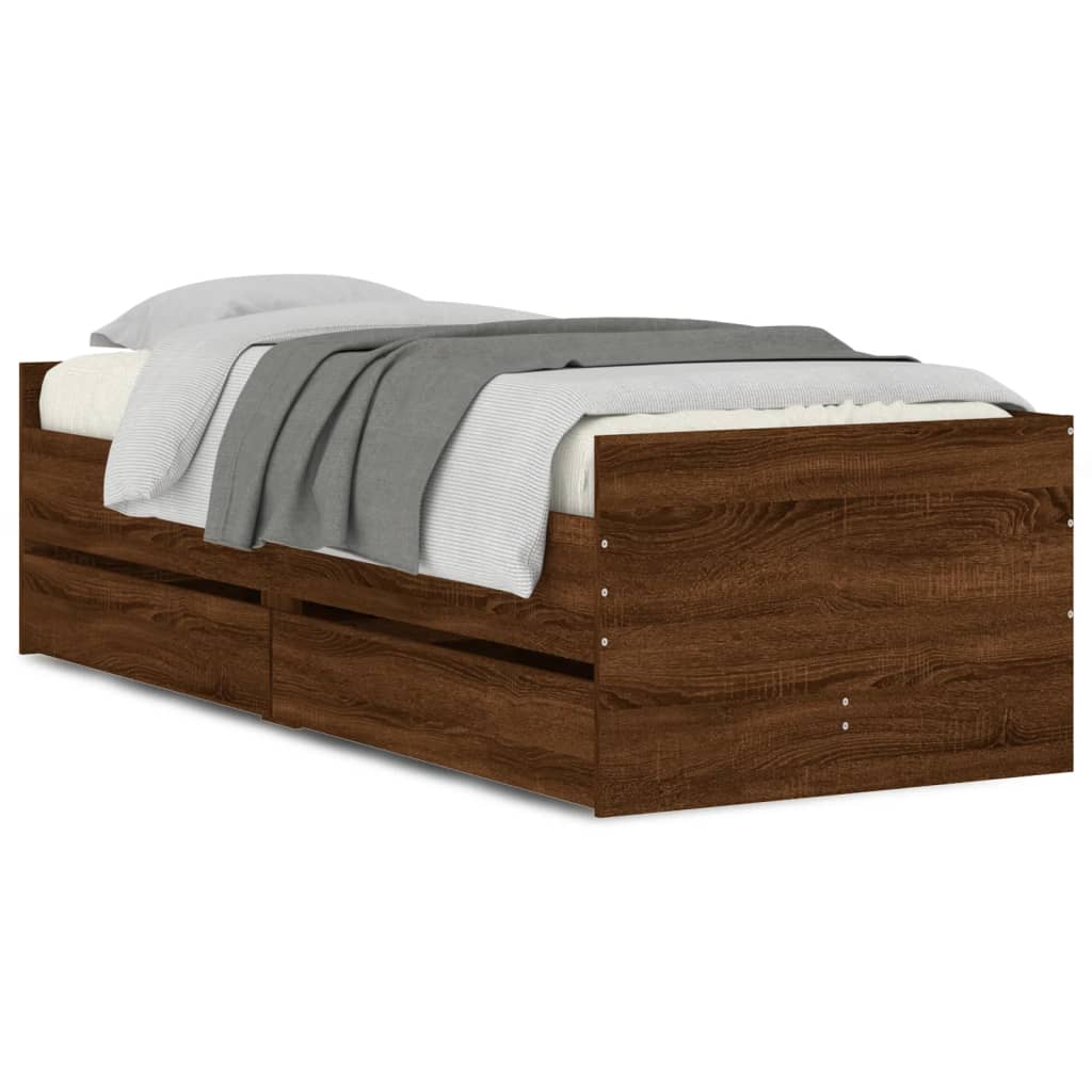 Estrutura de cama de solteiro para adultos solteiro pequena c/ gavetas carvalho castanho