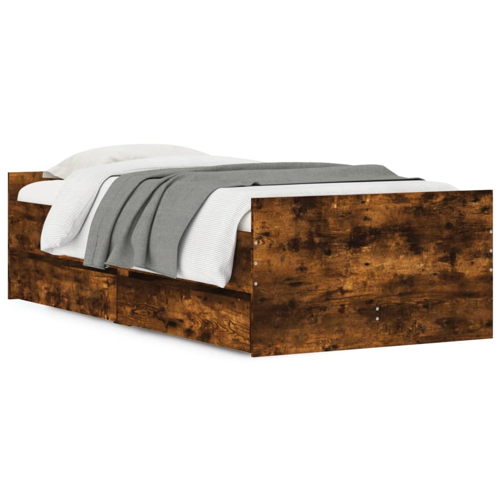 Estrutura de cama de solteiro para adultos com gavetas 100x200 cm carvalho fumado
