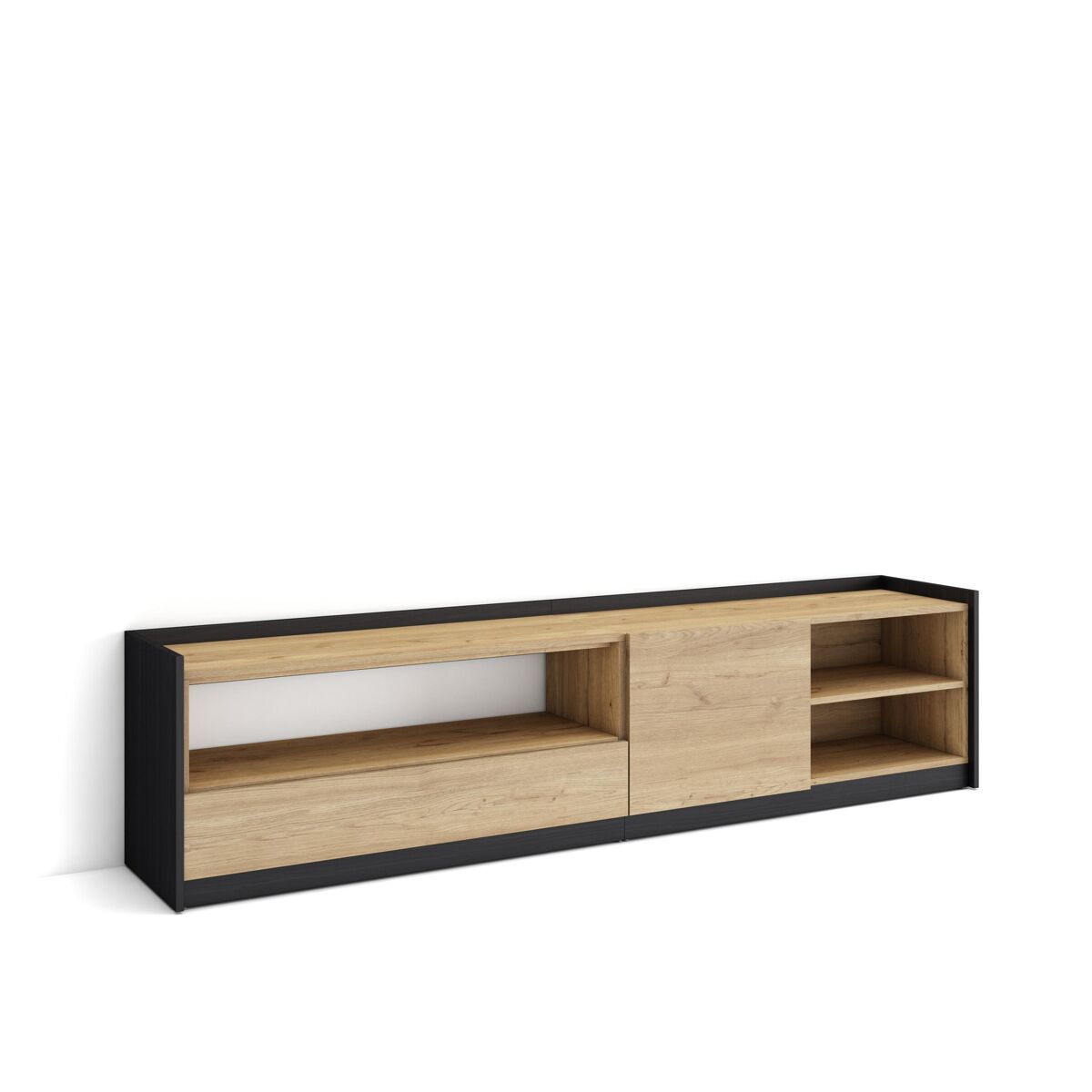 Móvel de tv, muito espaço de arrumação, 207x37x50 cm, para televisores até 80", étagère para tv, estilo moderno, carvalho e noir