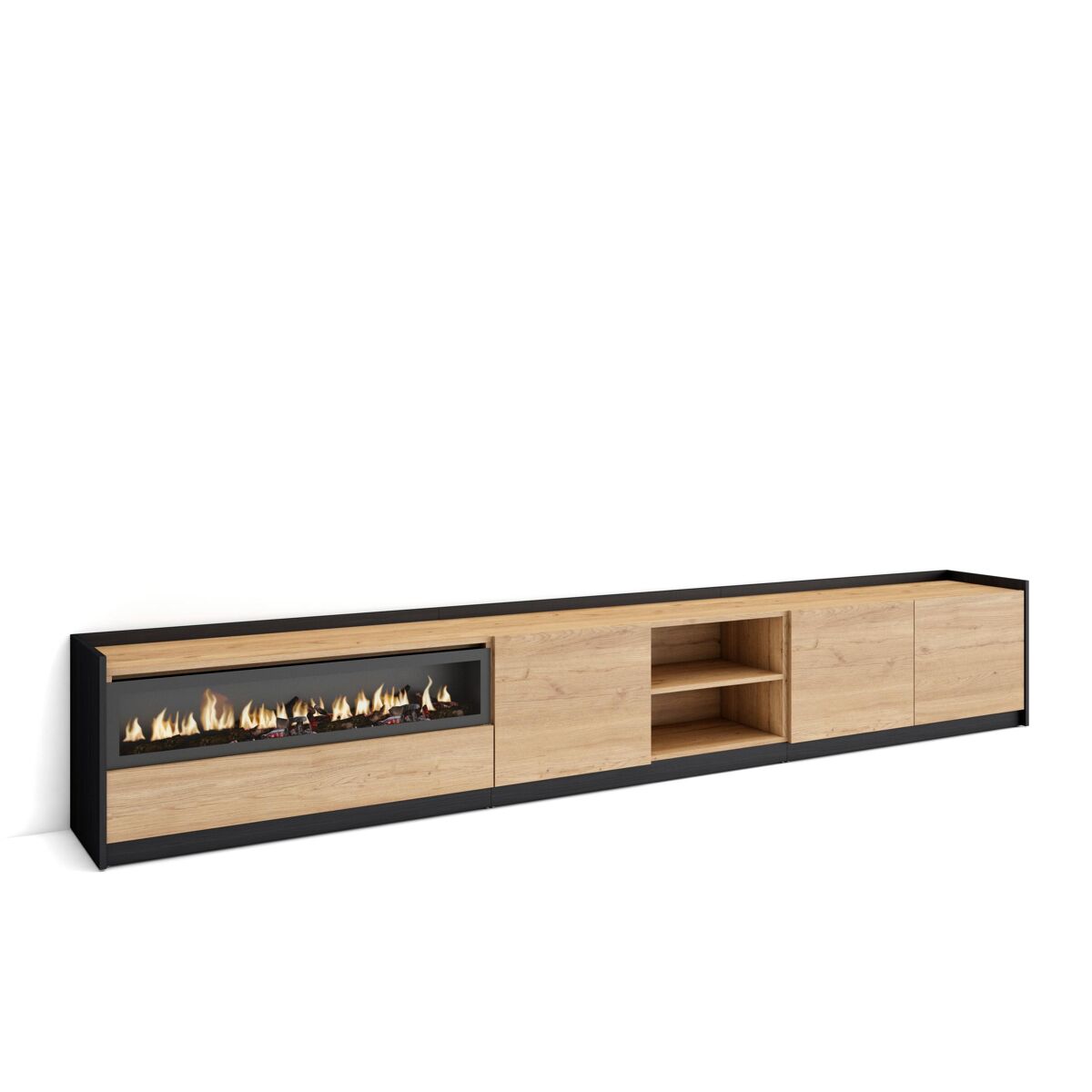 Móvel de tv, muito espaço de arrumação, 310x37x50 cm, para televisores até 80", lareira eléctrica, estilo moderno, carvalho e preto