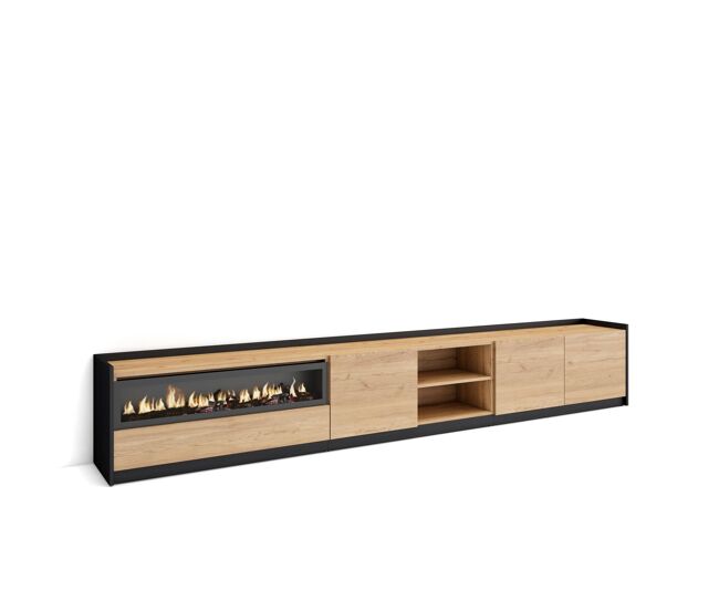 Móvel de tv, muito espaço de arrumação, 310x37x50 cm, para televisores até 80", lareira eléctrica, estilo moderno, carvalho e preto