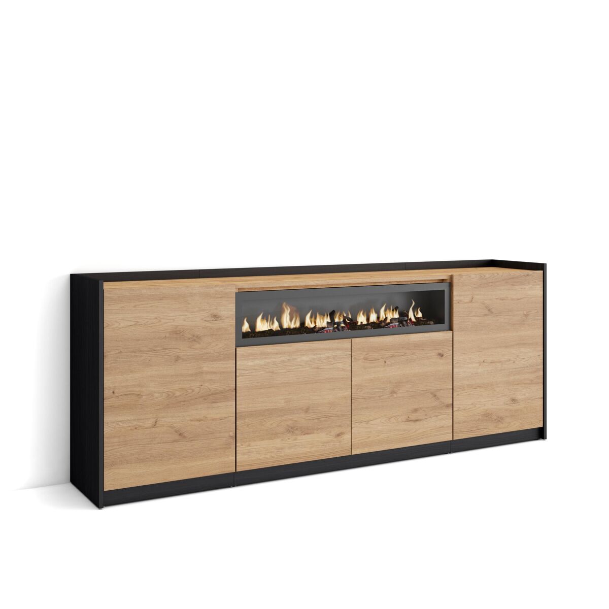 Aparador sala de jantar, sala, cozinha, entrada, tv, 207x37x80 cm, 4 portas, lareira eléctrica, estilo moderno, carvalho e preto