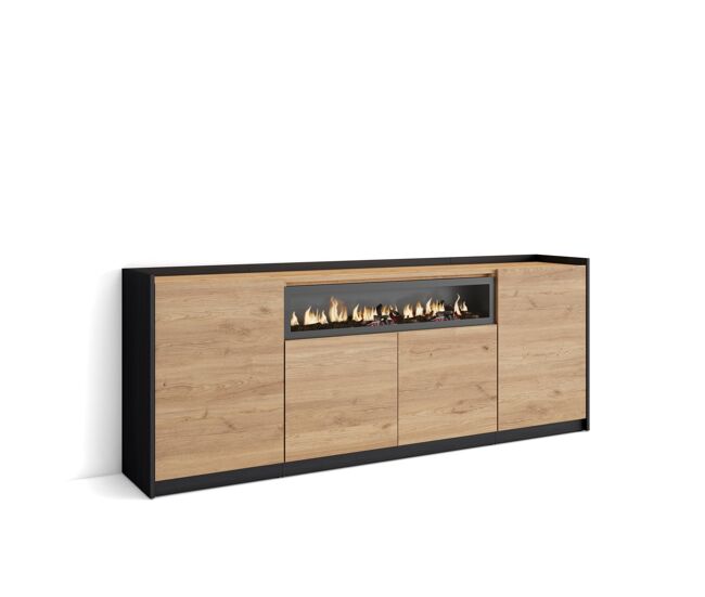 Aparador sala de jantar, sala, cozinha, entrada, tv, 207x37x80 cm, 4 portas, lareira eléctrica, estilo moderno, carvalho e preto