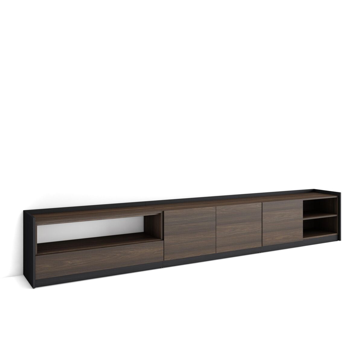 Móvel de tv, muito espaço de arrumação, 310x37x50 cm, para televisores até 80", étagère para tv, estilo moderno, carvalho escuro e noir