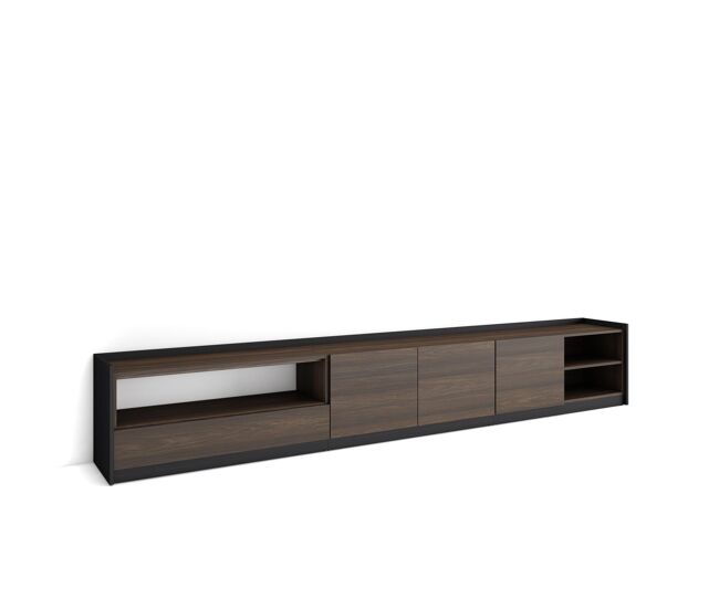 Móvel de tv, muito espaço de arrumação, 310x37x50 cm, para televisores até 80", étagère para tv, estilo moderno, carvalho escuro e noir