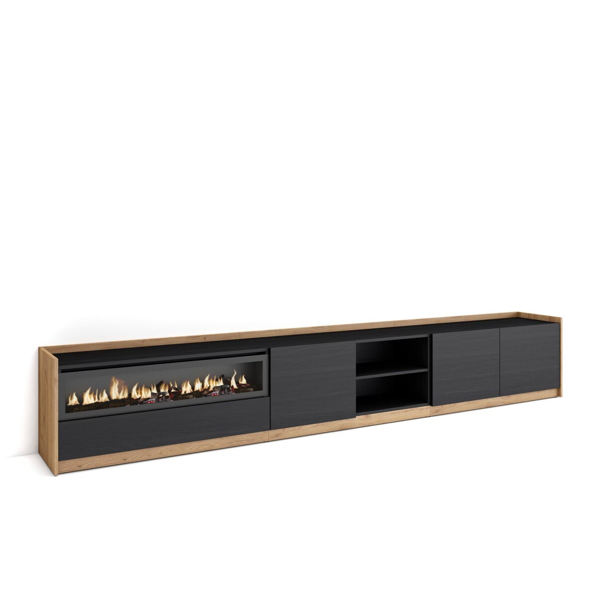 Móvel de tv, muito espaço de arrumação, 310x37x50 cm, para televisores até 80", lareira eléctrica, estilo moderno, preto e carvalho