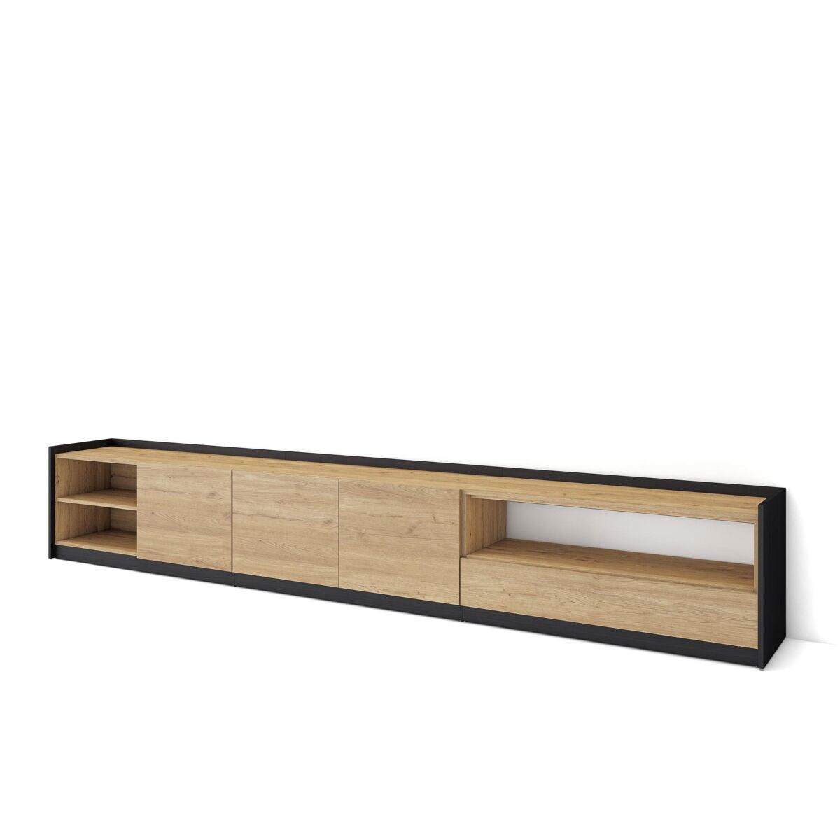 Móvel de tv, muito espaço de arrumação, 310x37x50 cm, para televisores até 80", estante para tv, estilo moderno, carvalho e preto