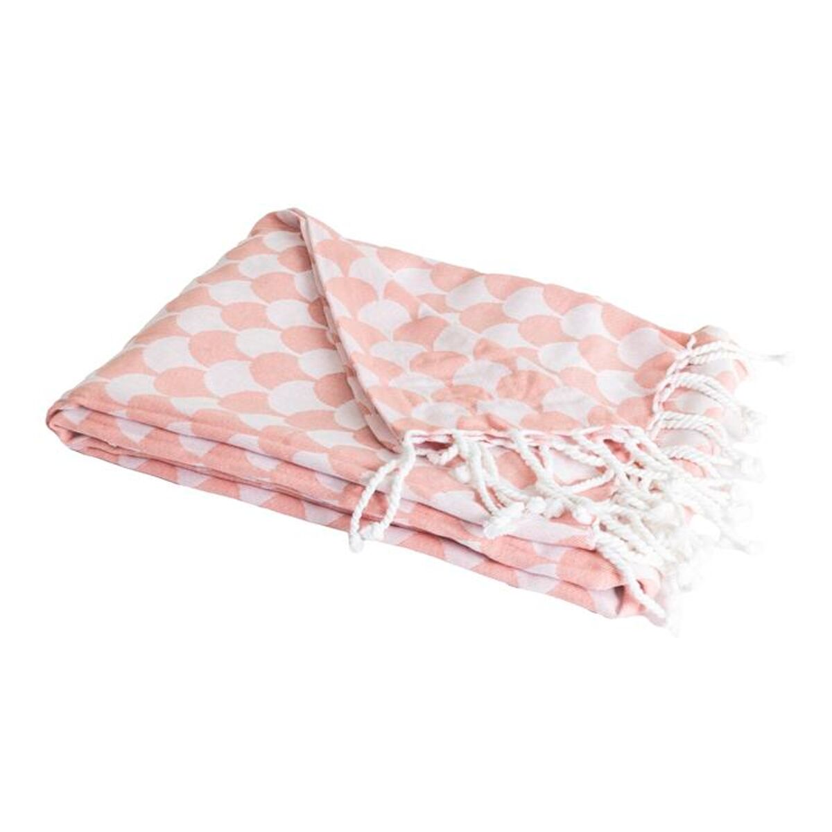 Cobertura mantar dropall em algodão 100% - salmão e branco com franjas