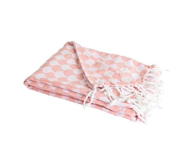 Cobertura mantar dropall em algodão 100% - salmão e branco com franjas