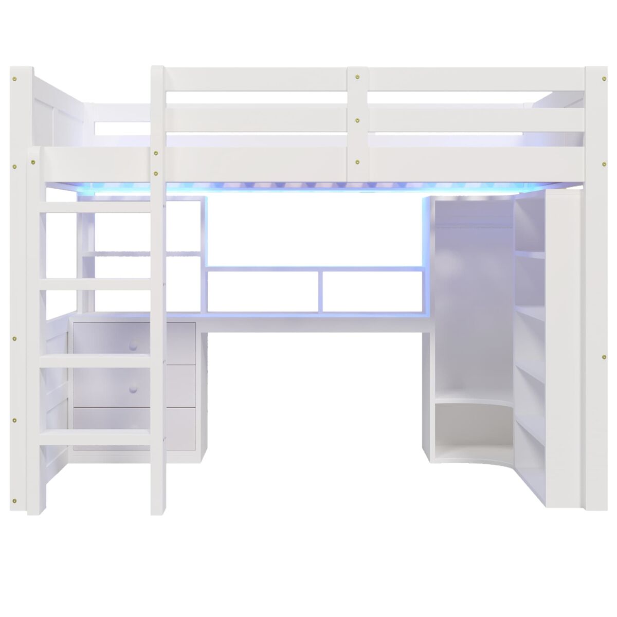 Cama alta 140x200 cm - com led, armário, secretária, gavetas, sem colchão - branco