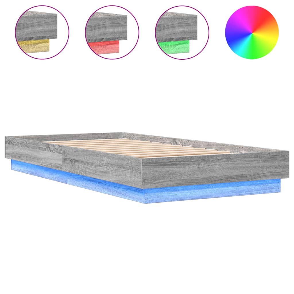 Estrutura de cama de solteiro para adultos com luzes led 75x190 cm cinzento sonoma