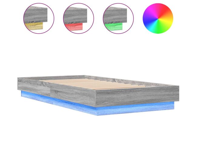 Estrutura de cama de solteiro para adultos com luzes led 75x190 cm cinzento sonoma
