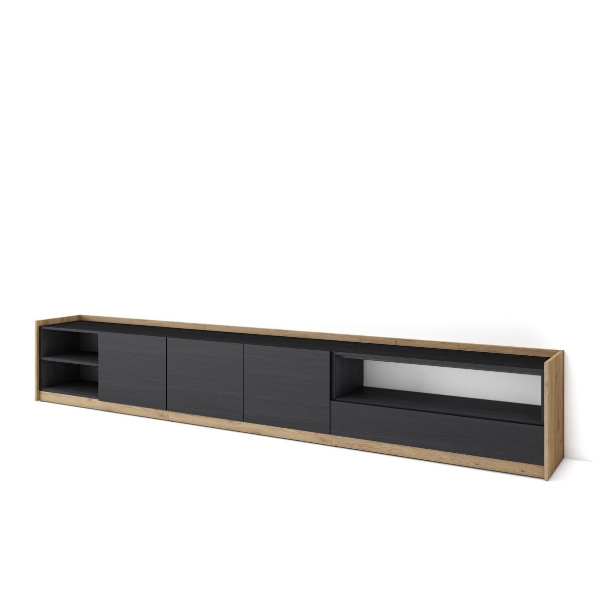 Móvel de tv, muito espaço de arrumação, 310x37x50 cm, para televisores até 80", estante para tv, estilo moderno, preto e carvalho
