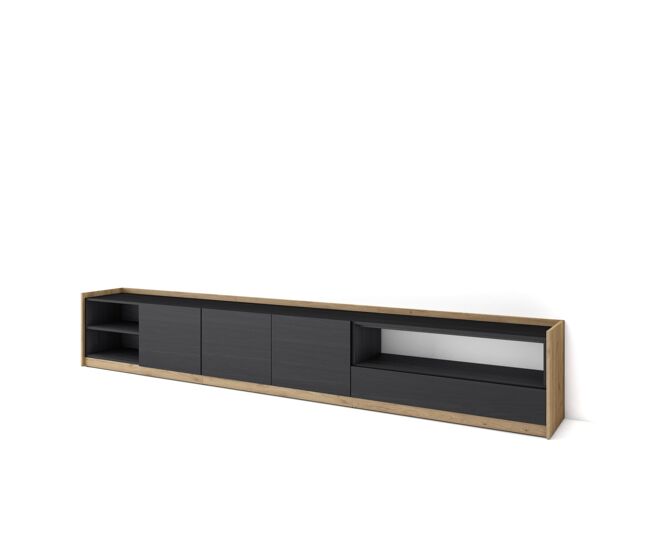 Móvel de tv, muito espaço de arrumação, 310x37x50 cm, para televisores até 80", estante para tv, estilo moderno, preto e carvalho