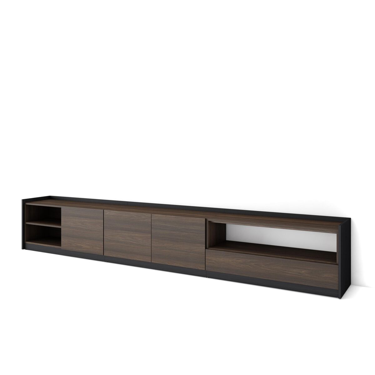 Móvel de tv, muito espaço de arrumação, 310x37x50 cm, para televisores até 80", estante para tv, estilo moderno, carvalho escuro e preto