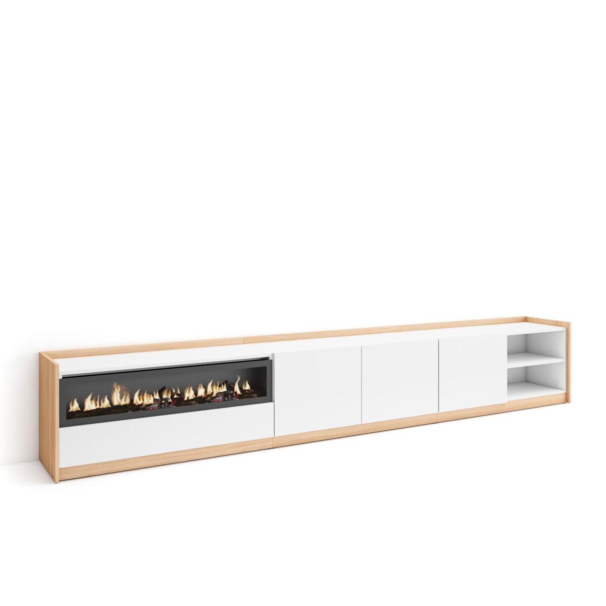 Móvel de tv, muito espaço de arrumação, 310x37x50 cm, para televisores até 80", lareira eléctrica, estilo moderno, branco e carvalho soft