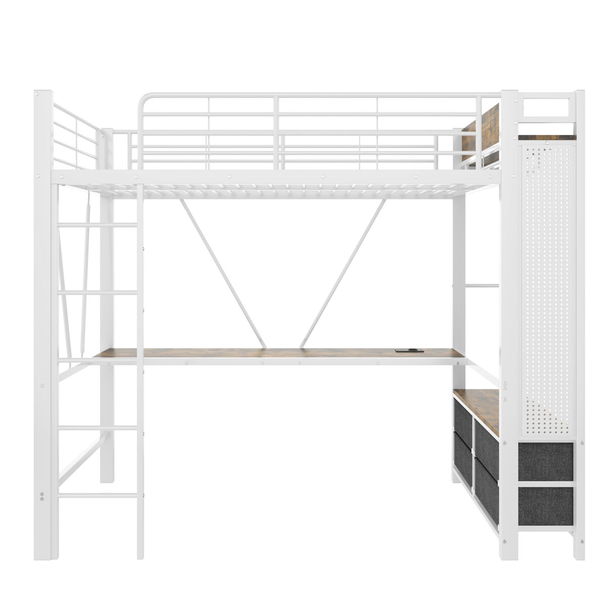 Cama alta 90x200 cm - ferro, secretária, barra, prateleiras, 4 gavetas, usb+type-c, led, corrimão, escada, painel perfurado - branco