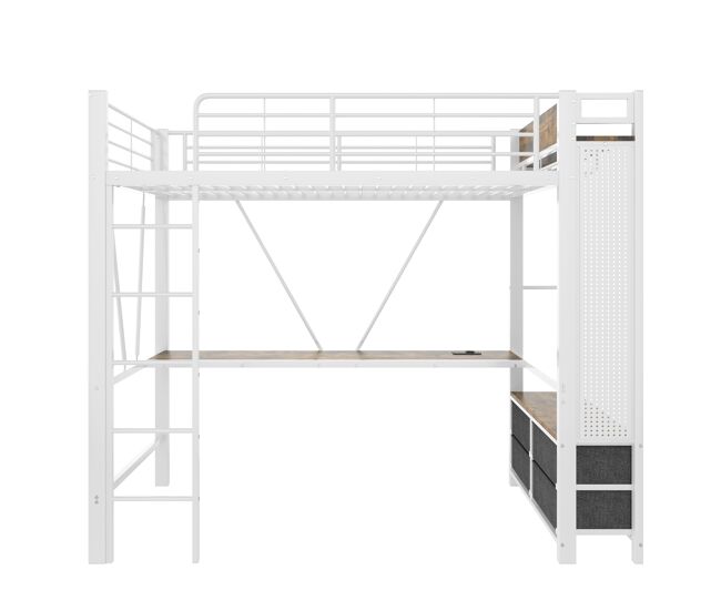 Cama alta 90x200 cm - ferro, secretária, barra, prateleiras, 4 gavetas, usb+type-c, led, corrimão, escada, painel perfurado - branco