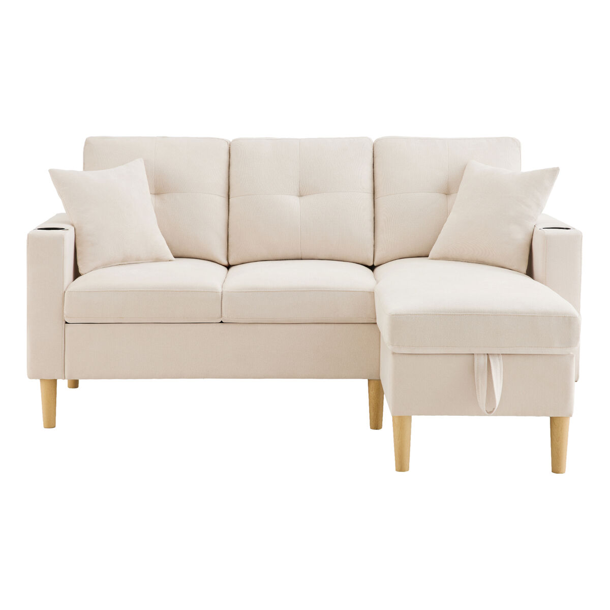 Chaise longue 3 lugares fixa reversível de algodão e linho com almacenaje,bege
