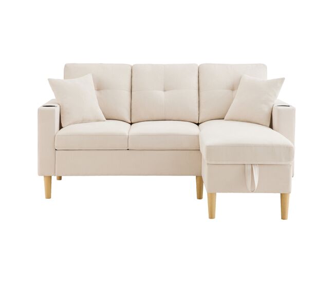 Chaise longue 3 lugares fixa reversível de algodão e linho com almacenaje,bege