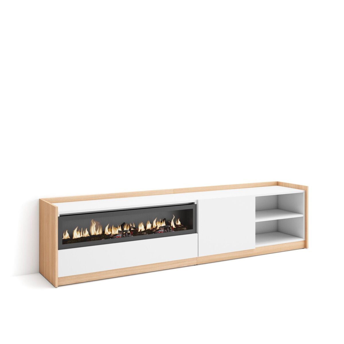 Móvel de tv, muito espaço de arrumação, 207x37x50 cm, para televisores até 80", lareira eléctrica, estilo moderno, branco e carvalho soft