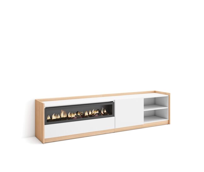 Móvel de tv, muito espaço de arrumação, 207x37x50 cm, para televisores até 80", lareira eléctrica, estilo moderno, branco e carvalho soft