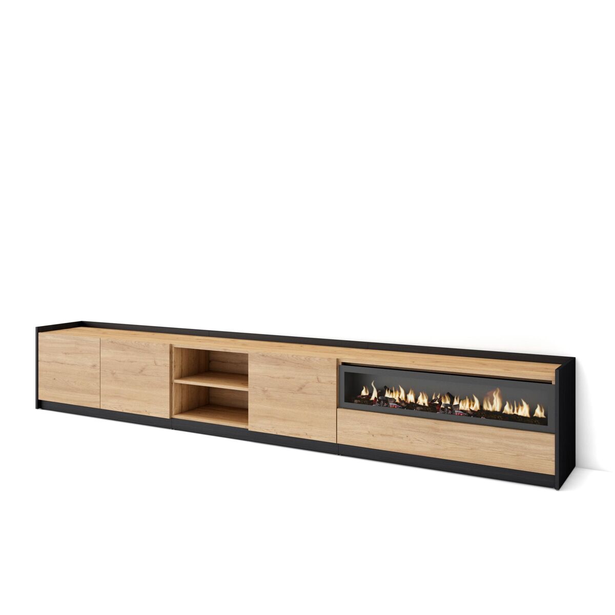 Móvel de tv, muito espaço de arrumação, 310x37x50 cm, para televisores até 80", lareira eléctrica, estilo moderno, carvalho e preto