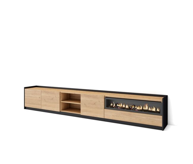 Móvel de tv, muito espaço de arrumação, 310x37x50 cm, para televisores até 80", lareira eléctrica, estilo moderno, carvalho e preto