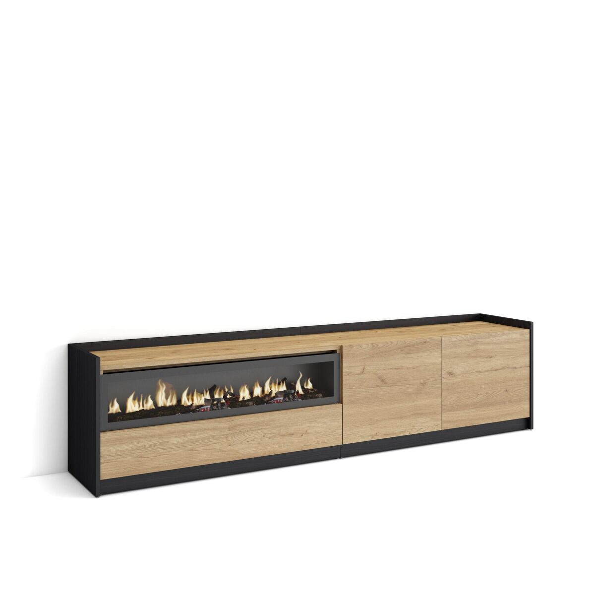 Móvel de tv, muito espaço de arrumação, 207x37x50 cm, para televisores até 80", lareira électrique, estilo moderno, carvalho e noir