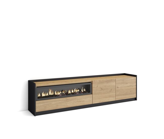 Móvel de tv, muito espaço de arrumação, 207x37x50 cm, para televisores até 80", lareira électrique, estilo moderno, carvalho e noir