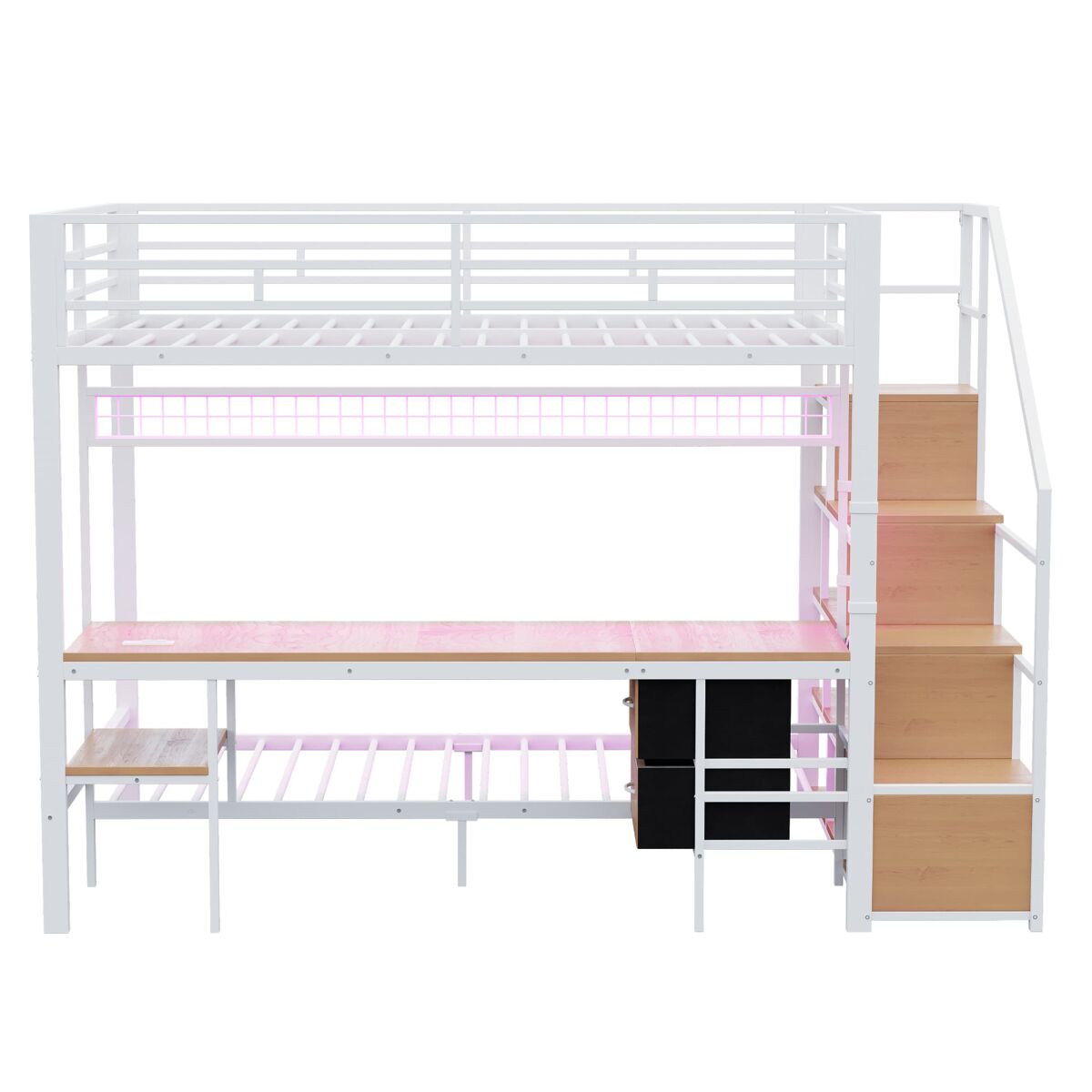 Cama alta metálica 140x200+90x200 - multifuncional com secretária, led, tomadas e arrumação - branco