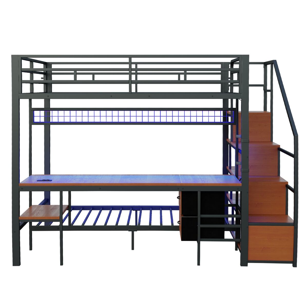 Cama alta metálica 140x200+90x200 - secretária, led, tomadas, arrumação e gavetas - preto