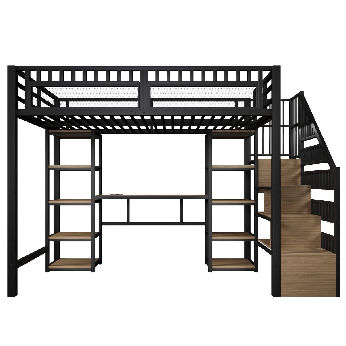 Beliche alto 140x200 cm - estrutura metálica, étagère, escada com arrumação, secretária, led, usb - noir